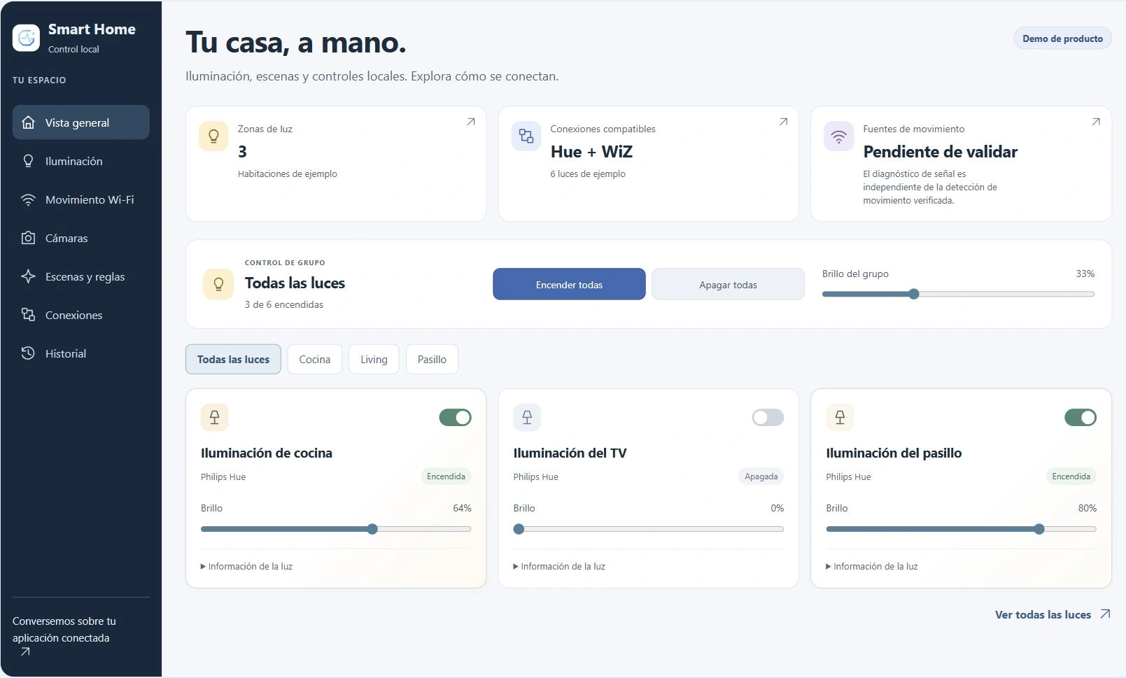 Dashboard Smart Home de Ocimatik en español, con siete vistas, Iluminación de cocina e Iluminación del TV con datos de ejemplo