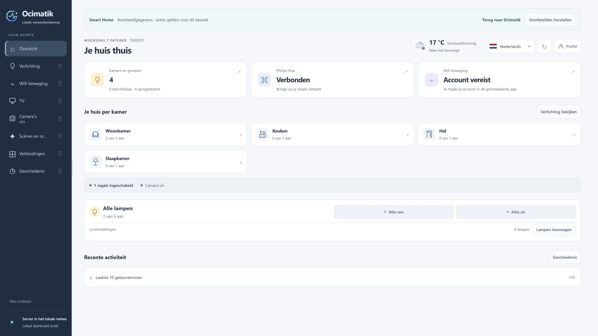 Actuele Ocimatik Smart Home-app in het Nederlands, met compacte bediening en algemene voorbeeldgegevens