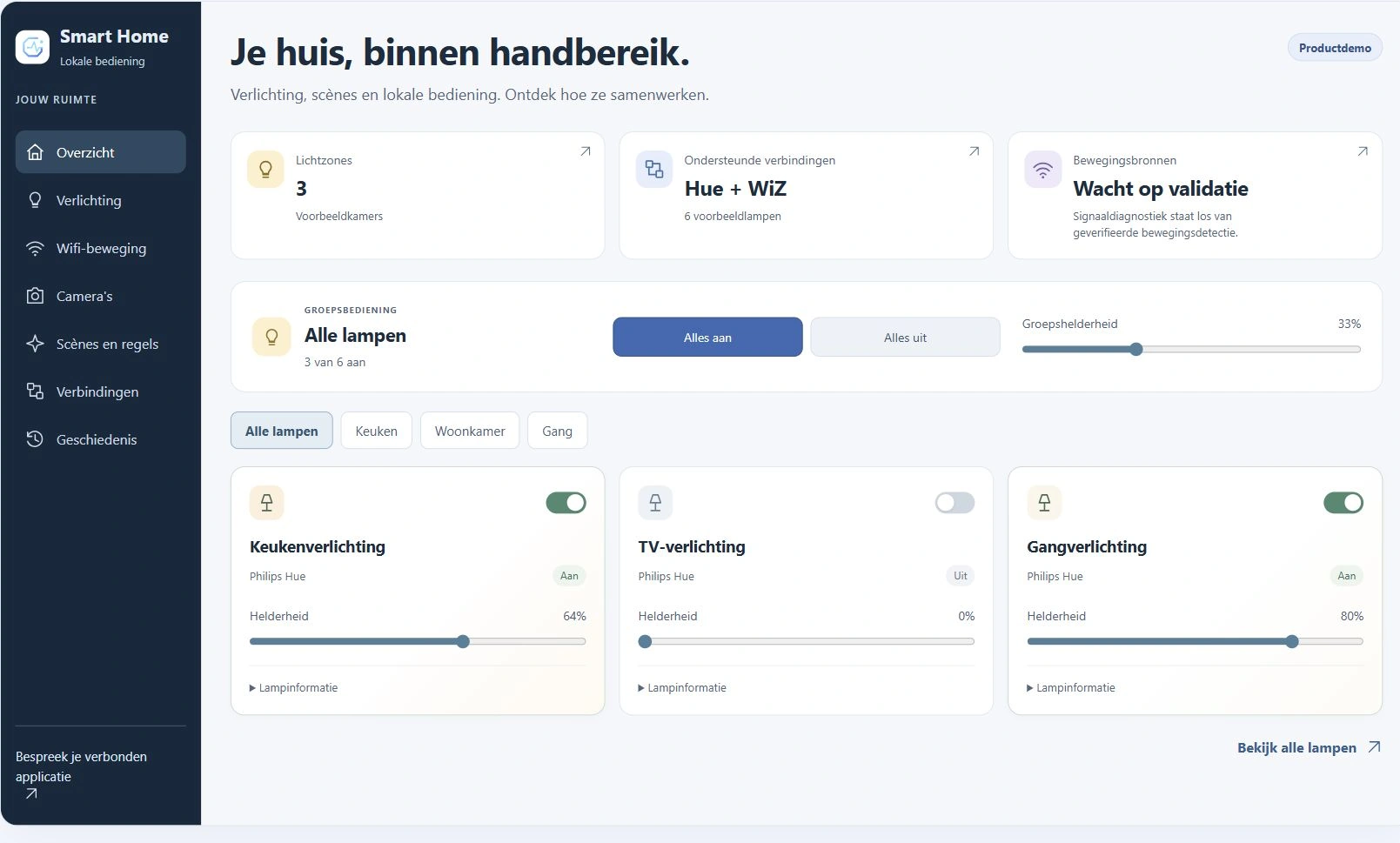 Ocimatik Smart Home-dashboard in het Nederlands, met zeven navigatieweergaven, Keukenverlichting en TV-verlichting met voorbeeldgegevens