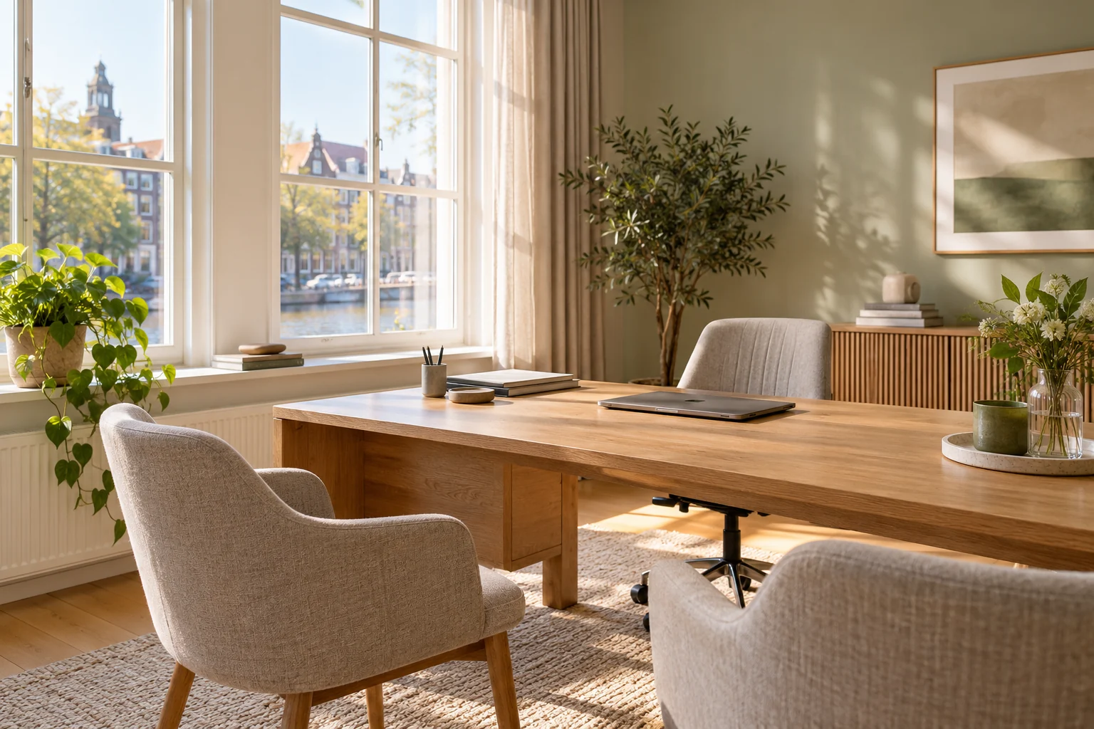 A bright office with wooden desks