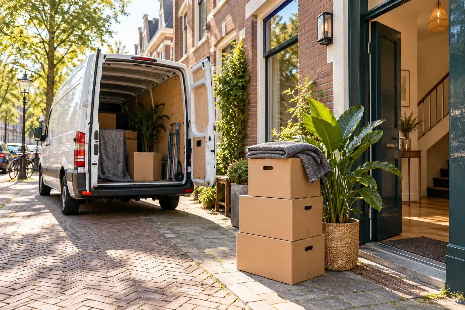 Moving boxes and an open van outside a home