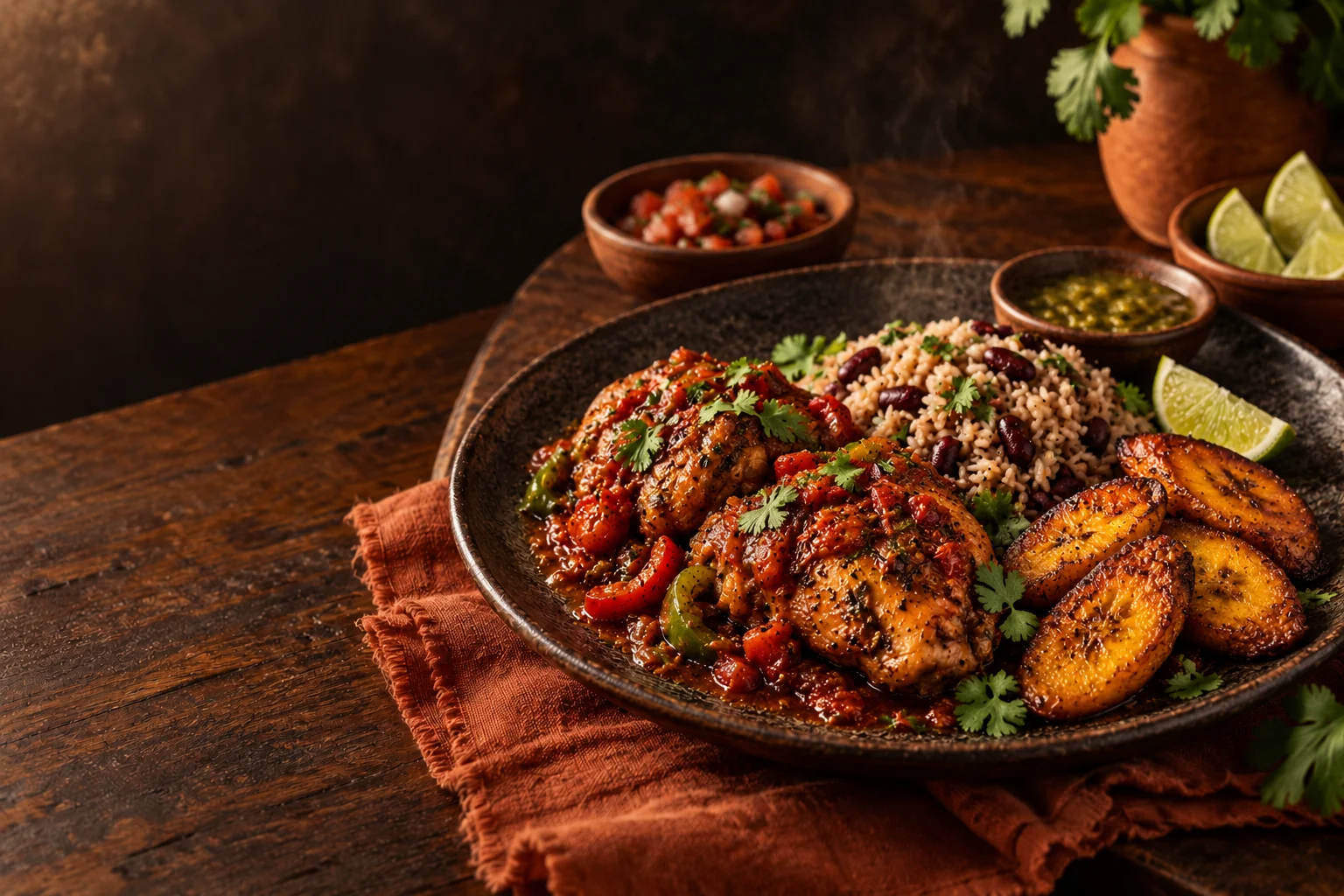 Chicken, rice and golden plantain on a rustic plate