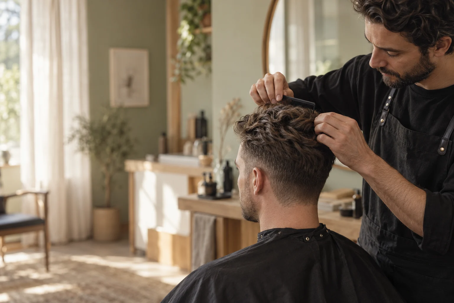 A stylist cutting hair in a sunlit salon
